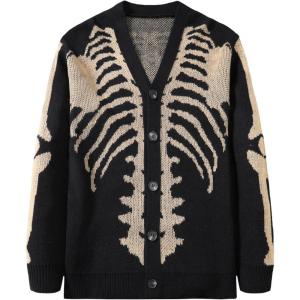 imageSHENHE Mens Skeleton Pattern Cardigan Sweaters Long Sleeve Unisex Outwear Knitted CoatsKhaki