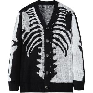 imageSHENHE Mens Skeleton Pattern Cardigan Sweaters Long Sleeve Unisex Outwear Knitted CoatsLight Grey