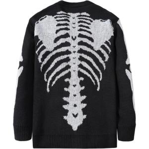 imageSHENHE Mens Skeleton Pattern Cardigan Sweaters Long Sleeve Unisex Outwear Knitted CoatsSolid Black