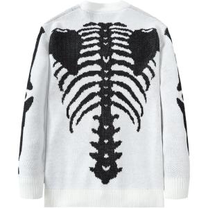 imageSHENHE Mens Skeleton Pattern Cardigan Sweaters Long Sleeve Unisex Outwear Knitted CoatsSolid White