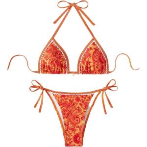imageSHENHE Womens 2 Piece Halter Swimsuit Textured Tie Side Triangle Bikini Bathing SuitPaisley Burnt Orange