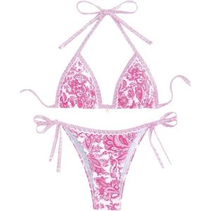 imageSHENHE Womens 2 Piece Halter Swimsuit Textured Tie Side Triangle Bikini Bathing SuitPaisley Pink
