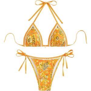 imageSHENHE Womens 2 Piece Halter Swimsuit Textured Tie Side Triangle Bikini Bathing SuitPaisley Yellow Orange