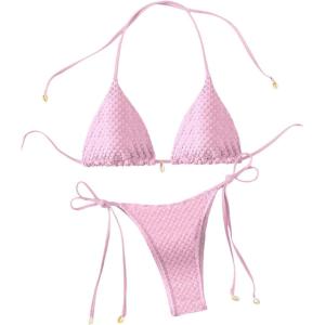 imageSHENHE Womens 2 Piece Halter Swimsuit Textured Tie Side Triangle Bikini Bathing SuitPink