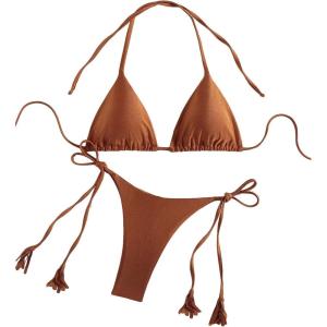 imageSHENHE Womens 2 Piece Halter Swimsuit Textured Tie Side Triangle Bikini Bathing SuitRust Brown