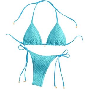 imageSHENHE Womens 2 Piece Halter Swimsuit Textured Tie Side Triangle Bikini Bathing SuitShell Decor Blue