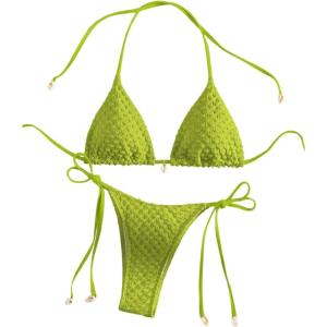 imageSHENHE Womens 2 Piece Halter Swimsuit Textured Tie Side Triangle Bikini Bathing SuitShell Decor Green