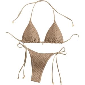 imageSHENHE Womens 2 Piece Halter Swimsuit Textured Tie Side Triangle Bikini Bathing SuitShell Decor Khaki