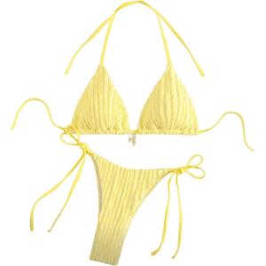 imageSHENHE Womens 2 Piece Halter Swimsuit Textured Tie Side Triangle Bikini Bathing SuitSolid Yellow