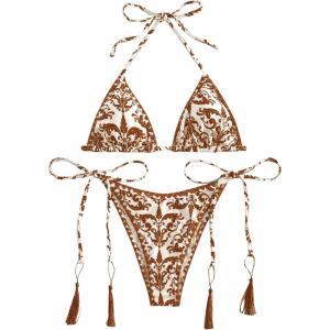 imageSHENHE Womens 2 Piece Halter Swimsuit Textured Tie Side Triangle Bikini Bathing SuitVintage Printed Multicolor