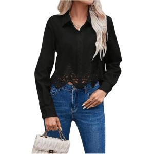 imageSHENHE Womens Button Up Guipure Lace Trim Long Sleeve Crop Top Shirt Elegant BlouseBlack