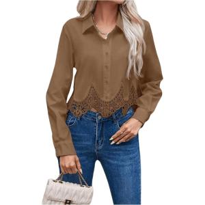 imageSHENHE Womens Button Up Guipure Lace Trim Long Sleeve Crop Top Shirt Elegant BlouseBrown