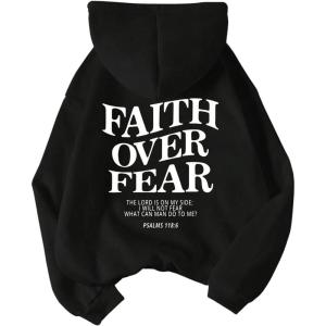 imageSHENHE Womens Graphic Hoodie Slogan Faith Over Fear Christian Hoodie Pullover SweatshirtBlack