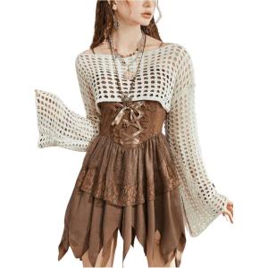 imageSHENHE Womens Hollow Out Knitted Pullover Sweater Crochet Cropped Sweater Top Long Sleeve Casual Cover Up TopApricot
