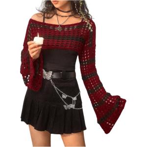 imageSHENHE Womens Hollow Out Knitted Pullover Sweater Crochet Cropped Sweater Top Long Sleeve Casual Cover Up TopBurgundy
