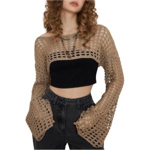 imageSHENHE Womens Hollow Out Knitted Pullover Sweater Crochet Cropped Sweater Top Long Sleeve Casual Cover Up TopKhaki