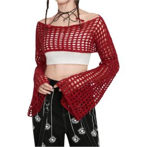 imageSHENHE Womens Hollow Out Knitted Pullover Sweater Crochet Cropped Sweater Top Long Sleeve Casual Cover Up TopRed