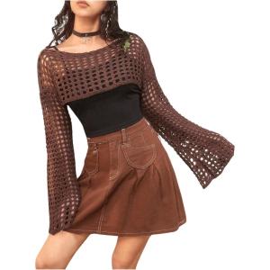 imageSHENHE Womens Hollow Out Knitted Pullover Sweater Crochet Cropped Sweater Top Long Sleeve Casual Cover Up TopSolid Coffee Brown