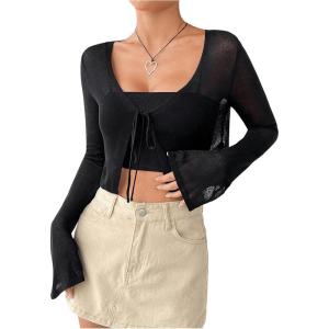 imageSHENHE Womens Mesh Sheer V Neck Tie Front Long Sleeve Solid Crop CardiganBlack