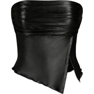 imageSHENHE Womens Metallic Split Hem Ruched Tube Bandeau Tank Strapless Party Rave Crop TopBlack