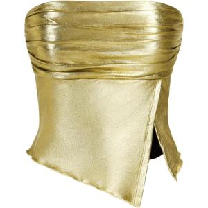 imageSHENHE Womens Metallic Split Hem Ruched Tube Bandeau Tank Strapless Party Rave Crop TopGold