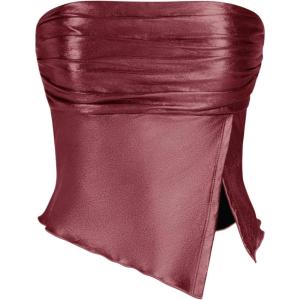 imageSHENHE Womens Metallic Split Hem Ruched Tube Bandeau Tank Strapless Party Rave Crop TopRose Red