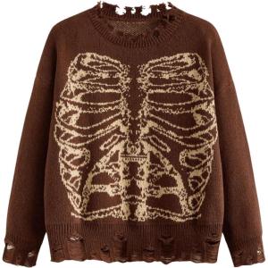 imageSHENHE Womens Oversized Skeleton Pattern Ripped Round Neck Sweater PulloverBrown