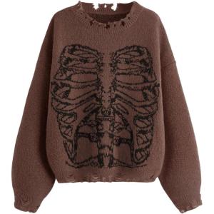 imageSHENHE Womens Oversized Skeleton Pattern Ripped Round Neck Sweater PulloverCoffee Brown