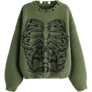 imageSHENHE Womens Oversized Skeleton Pattern Ripped Round Neck Sweater PulloverGreen