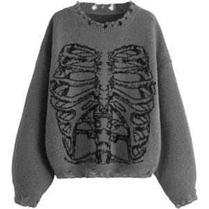 imageSHENHE Womens Oversized Skeleton Pattern Ripped Round Neck Sweater PulloverGrey