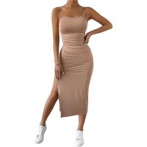 imageSHENHE Womens Split Thigh Twist Backless Spaghetti Strap Sleeveless Bodycon Midi DressesKhaki
