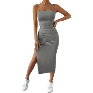 imageSHENHE Womens Split Thigh Twist Backless Spaghetti Strap Sleeveless Bodycon Midi DressesLight Grey