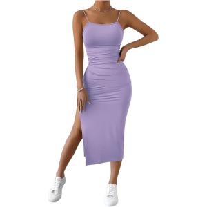 imageSHENHE Womens Split Thigh Twist Backless Spaghetti Strap Sleeveless Bodycon Midi DressesLilac Purple