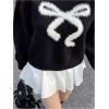 imageSHENHE Womens Oversized Crew Neck Bow Sweater Fuzzy Trim Long Sleeve Y2k Fall PulloverBlack