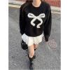 imageSHENHE Womens Oversized Crew Neck Bow Sweater Fuzzy Trim Long Sleeve Y2k Fall PulloverBlack