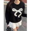 imageSHENHE Womens Oversized Crew Neck Bow Sweater Fuzzy Trim Long Sleeve Y2k Fall PulloverBlack