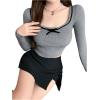 imageSHENHE Womens Ribbed Knit Crop Sweater Bowknot Scoop Neck Lightweight Fitted Elegant SweaterGrey