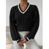 imageSHENHE Womens V Neck Cable Knit Drop Shoulder Striped Trim Loose Sweater PulloverBlack