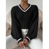imageSHENHE Womens V Neck Cable Knit Drop Shoulder Striped Trim Loose Sweater PulloverBlack