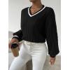 imageSHENHE Womens V Neck Cable Knit Drop Shoulder Striped Trim Loose Sweater PulloverBlack
