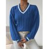 imageSHENHE Womens V Neck Cable Knit Drop Shoulder Striped Trim Loose Sweater PulloverBlue
