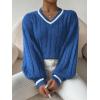 imageSHENHE Womens V Neck Cable Knit Drop Shoulder Striped Trim Loose Sweater PulloverBlue