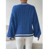 imageSHENHE Womens V Neck Cable Knit Drop Shoulder Striped Trim Loose Sweater PulloverBlue
