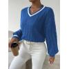 imageSHENHE Womens V Neck Cable Knit Drop Shoulder Striped Trim Loose Sweater PulloverBlue