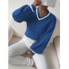 imageSHENHE Womens V Neck Cable Knit Drop Shoulder Striped Trim Loose Sweater PulloverBlue