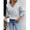imageSHENHE Womens V Neck Floral Sweater Long Sleeve Fuzzy Trim Loose Fall Sweater PulloverLight Grey