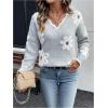 imageSHENHE Womens V Neck Floral Sweater Long Sleeve Fuzzy Trim Loose Fall Sweater PulloverLight Grey