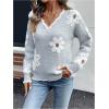 imageSHENHE Womens V Neck Floral Sweater Long Sleeve Fuzzy Trim Loose Fall Sweater PulloverLight Grey