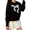 imageSHENHE Womens Oversized Crew Neck Bow Sweater Fuzzy Trim Long Sleeve Y2k Fall PulloverBlack