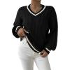 imageSHENHE Womens V Neck Cable Knit Drop Shoulder Striped Trim Loose Sweater PulloverBlack